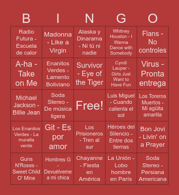 Bingo Musical - Los 80s DRA. AILE 23/07/2026 Bingo Card