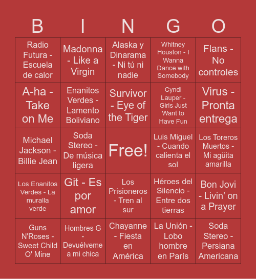 Bingo Musical - Los 80s DRA. AILE 23/07/2026 Bingo Card