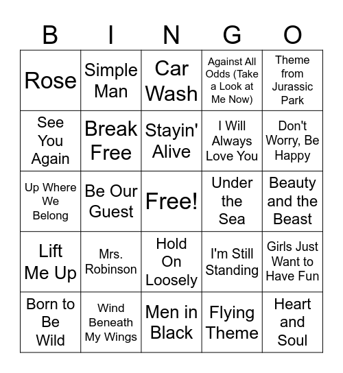 Hollywood Music Bingo Card