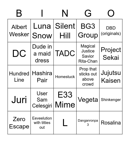 Otakon Cosplays Bingo Card