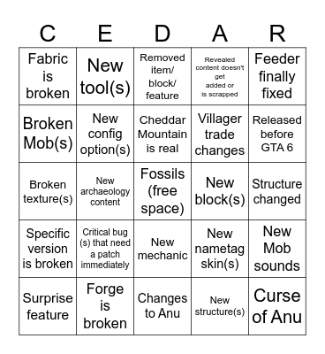 Cedar Mountain Bingo Card