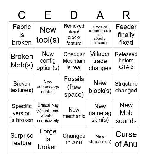 Cedar Mountain Bingo Card