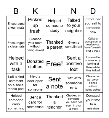 Kindness Bingo Card
