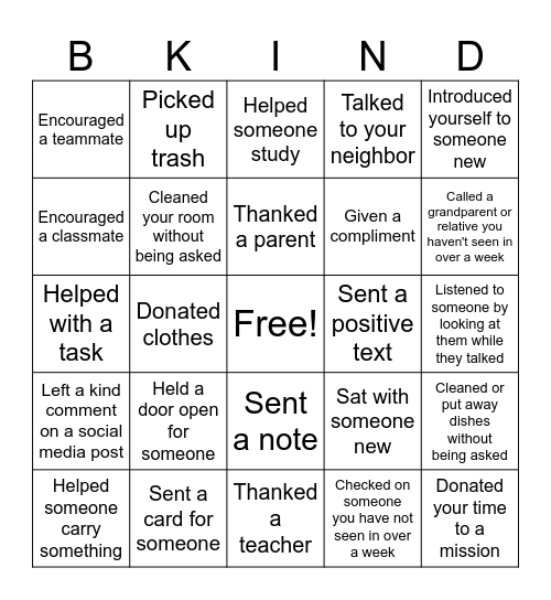 Kindness Bingo Card