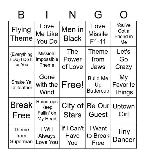 Hollywood Music Bingo Card