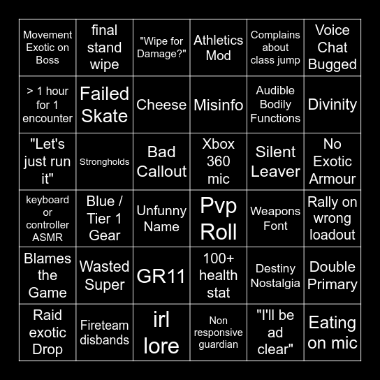 Destiny 2 LFG Bingo Card