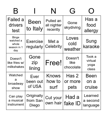 GET TO KNOW ME!! Bingo Card