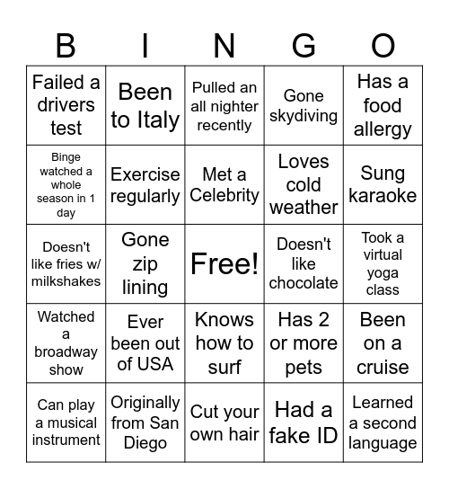 GET TO KNOW ME!! Bingo Card