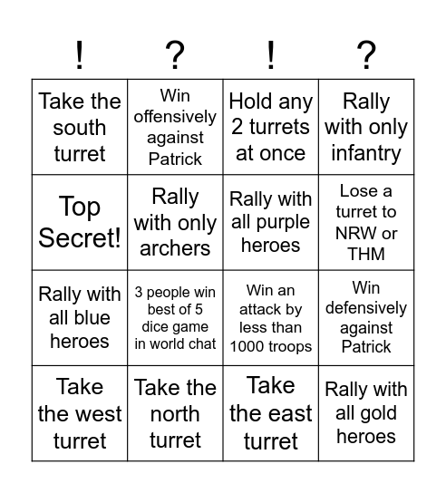 Turret Bingo Card
