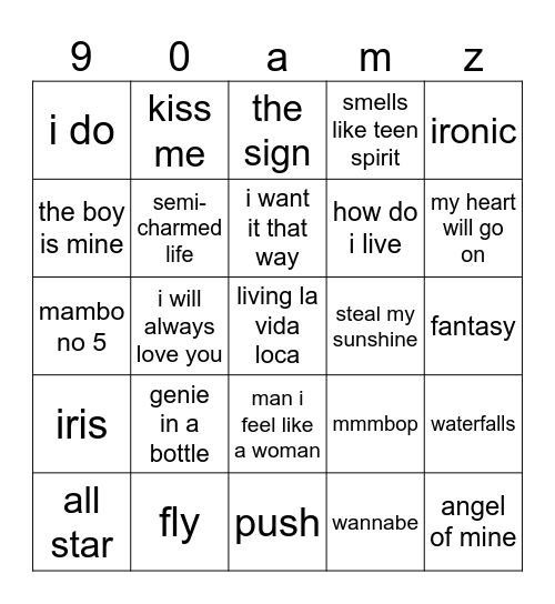 90s hits amazon Bingo Card