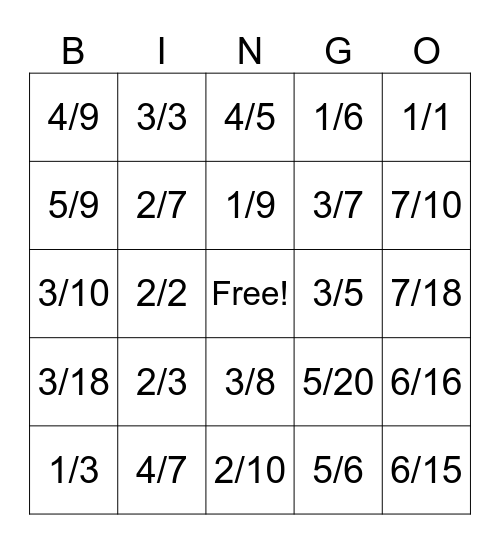 Fraction bingo Card
