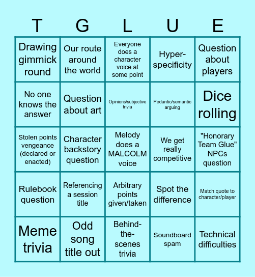 Team Glingo Bingo Card