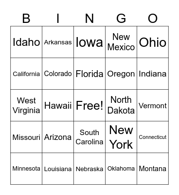 50 States Bingo Card