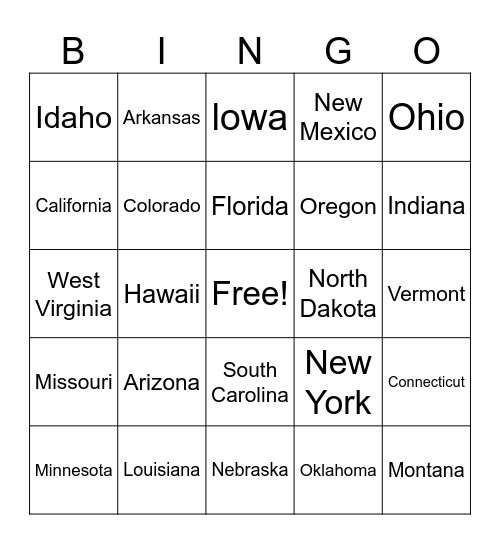 50 States Bingo Card