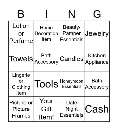 Bridal Shower Bingo Card