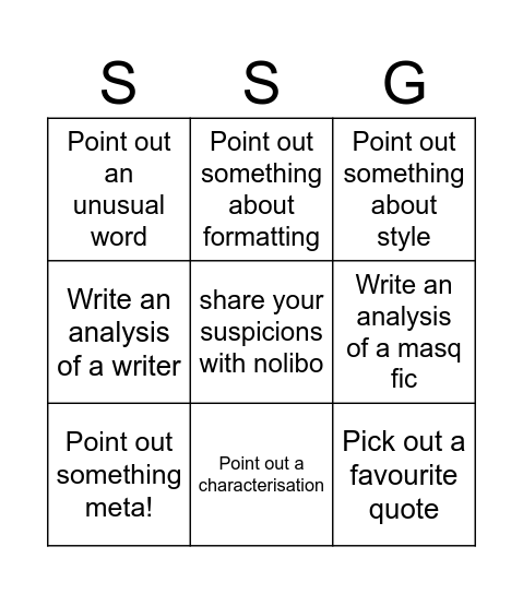 SSG Masquerade Bingo Card