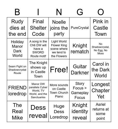 Deltarune Chapter 6 Bingo Card