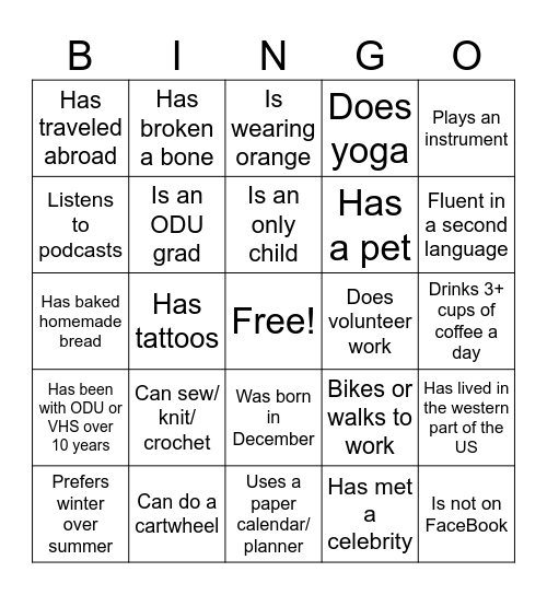 Break Time BINGO Card