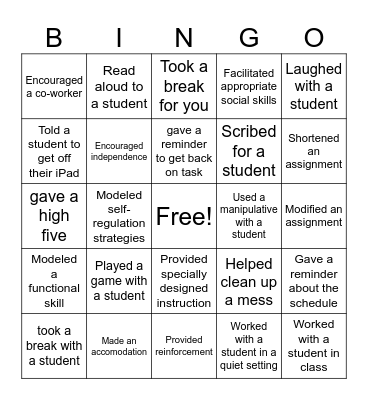 Paraprofessional Bingo Card