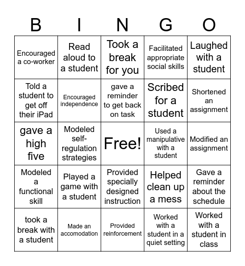 Paraprofessional Bingo Card