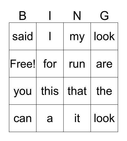 Sight Word Bingo Card