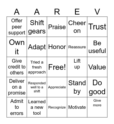 Core Values Bingo Card