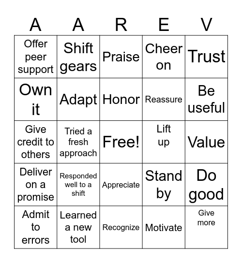 Core Values Bingo Card