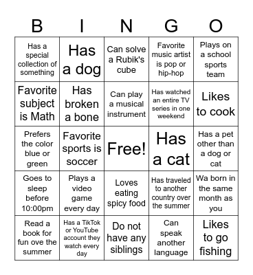 About Me Bingo Card