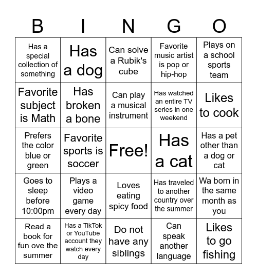 About Me Bingo Card