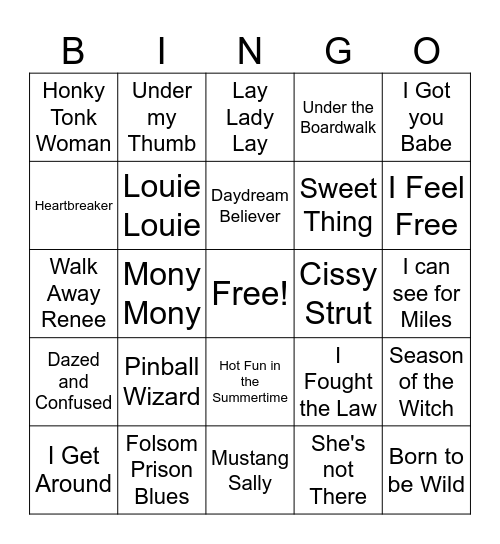 60s Rock Game 3 Bingo Card