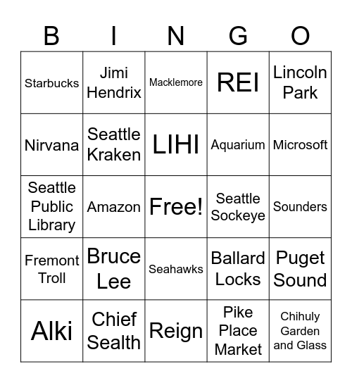 Seattle Bingo 63725235442653456 Bingo Card