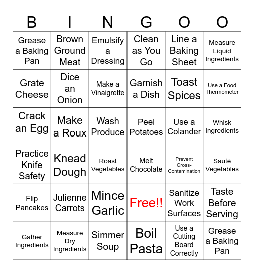 Name__________________       Cooking Skills Bingo Card