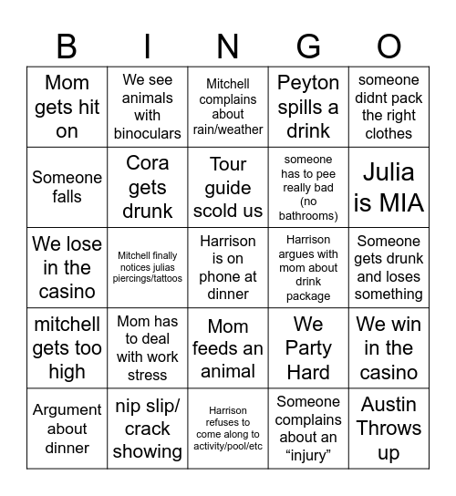 Cruise Bingo Card