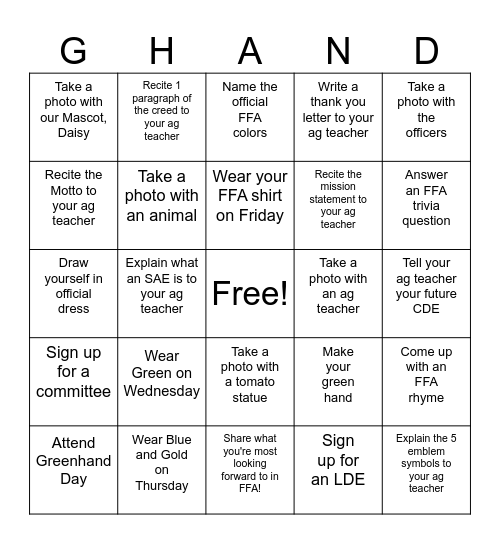 Greenhand Bingo Card