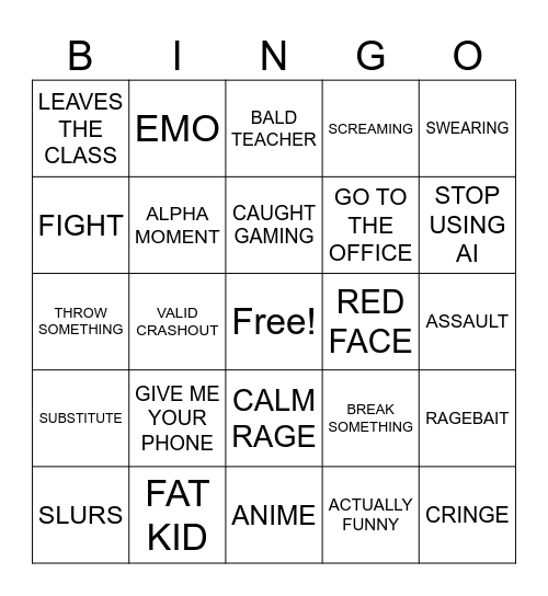 SCHOOL CRASHOUT Bingo Card