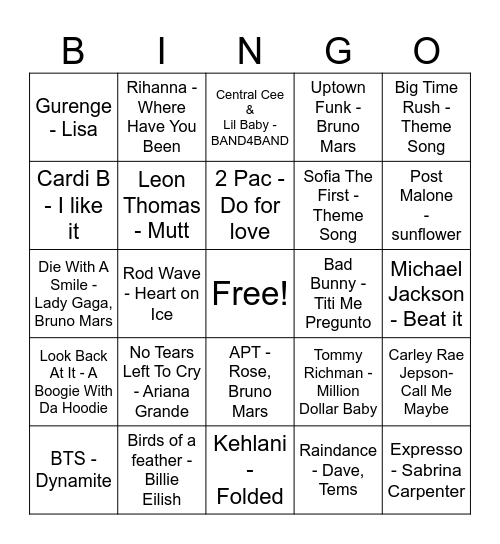 MUSIC BINGO! Bingo Card