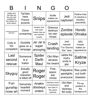 Clone Wars Bingo Card