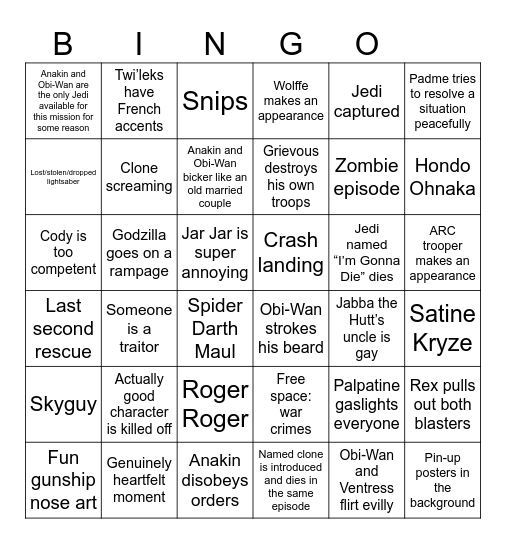 Clone Wars Bingo Card