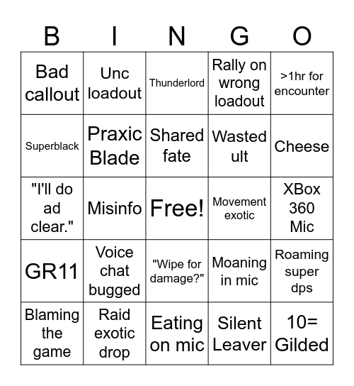 D2 LFG Bingo Card