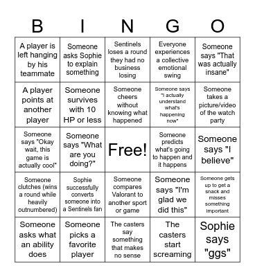 Sentinels Watch Party Bingo Card