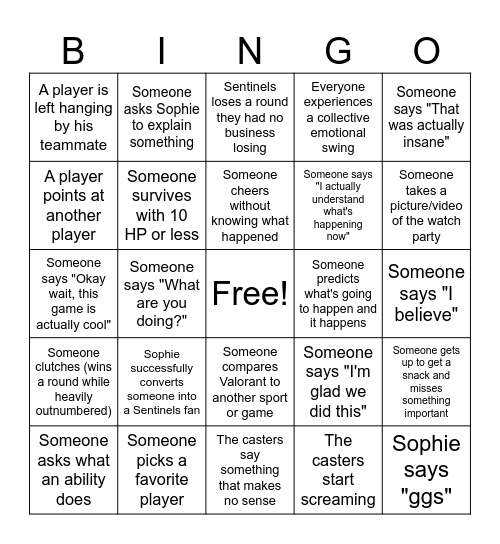 Sentinels Watch Party Bingo Card