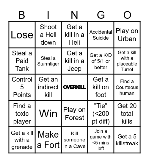 Armored Patrol Bingo Card