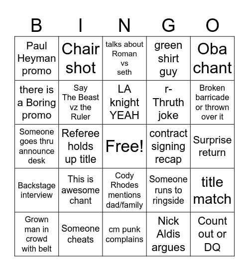 Smackdown BINGO Card