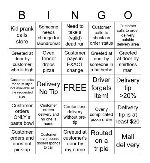 Domino's Driver Bingo Card