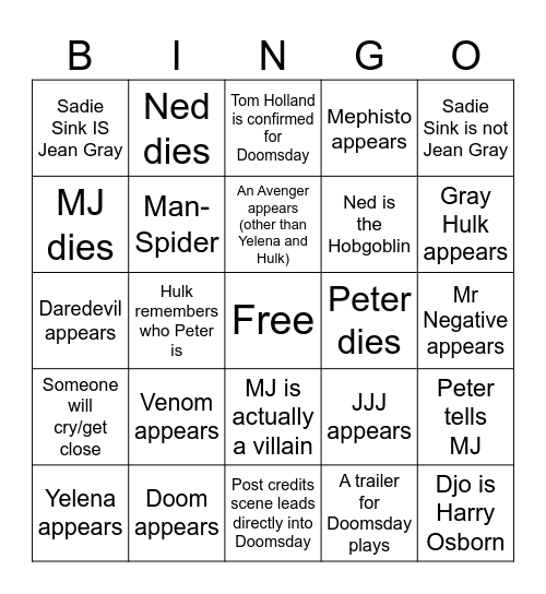 SPIDER-MAN BRAND NEW DAY Bingo Card