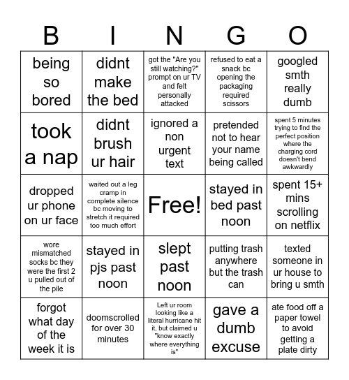 Lazy Day BINGO Card