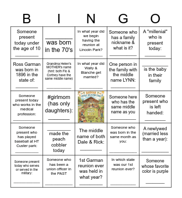 Garman Family Bingo 2026 Bingo Card