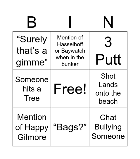 Zuka Golf Bingo Card