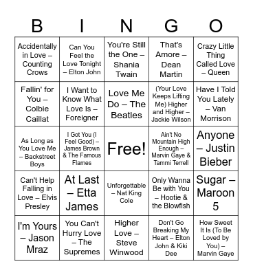 All You Need is Love (to win Music Bingo) Bingo Card