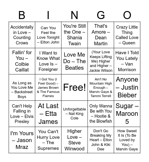 All You Need is Love (to win Music Bingo) Bingo Card